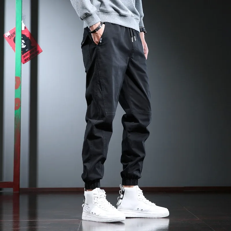 2022 Fashion Elastic Waist Casual Pants Men Streetwear Hip Hop Cotton Black Drawstring Joggers Trousers