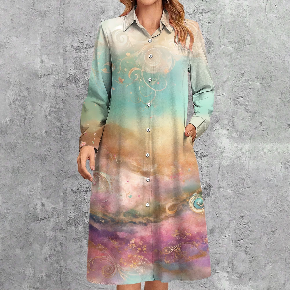 Spring Elegant Ladies Shirt Dress Casual Oversized Colourful Printed Dress Turn-Down Collar Long Sleeve Buttons Cardigan Dresses