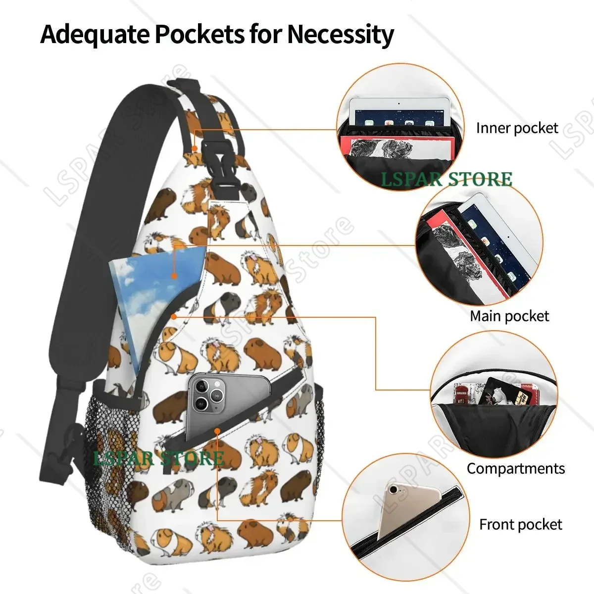 Guinea Pig Kawaii Crossbody Sling Bag Printed Chest Bag Cute Animal Lover Shoulder Backpack Daypack Hiking Travel Travel Bookbag