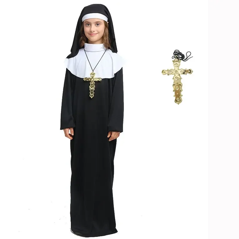 Nun Chief Cosplay Costume for Boys and Girls, God, Father, Priest, Robe, Coat, Cross Necklace, Witch, Wizard, Halloween Costume