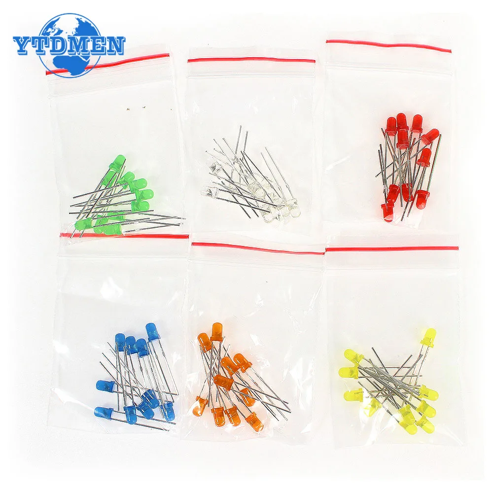 60pcs/lot LED Diodes 3mm 6 Values *10PCS LEDs set,White Red Yellow Blue Green Orange F3 LED Lights Diodes Electronic Kit