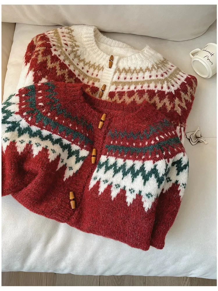 Cute Holiday Christmas Tree Red Loose Sweater New Fall Winter Fashion Knit Cardigan Top Single Breast O Neck Casual Knitwear