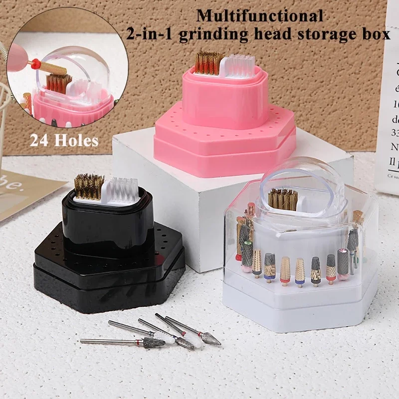 24-Loch-Nagelbohrer Aufbewahrung sbox mit Reinigungs bürste Maniküre Salon Schleif kopf halter Display Nail Art Zubehör