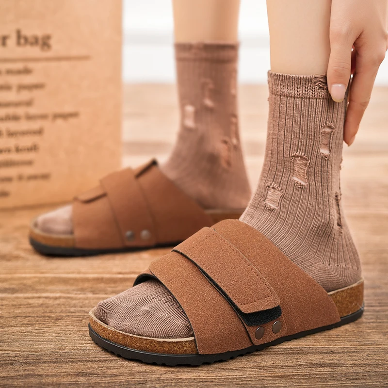 Cork Slippers Men Summer Beach Slides Suede Leather Womens Flat Sandals Fashionable Outdoor Male Mules Non Slip Babouche Femm