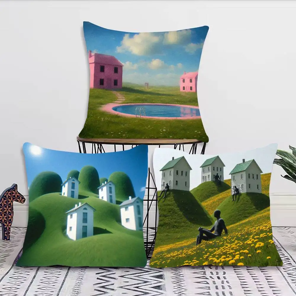 Dreamcore Surreal Pastoral Scenery Pillow Cover, Weird Dream‑Like Green Hills House Playground Pattern Cushion Case Decoration