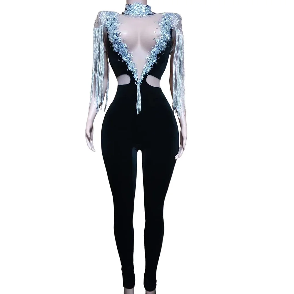 

Sparkling Rhinestones Sleeveless Fringes Jumpsuits Hollow Out Sknny Stretch Women Bodysuits Stage Wear Lady Nightclub Outfit