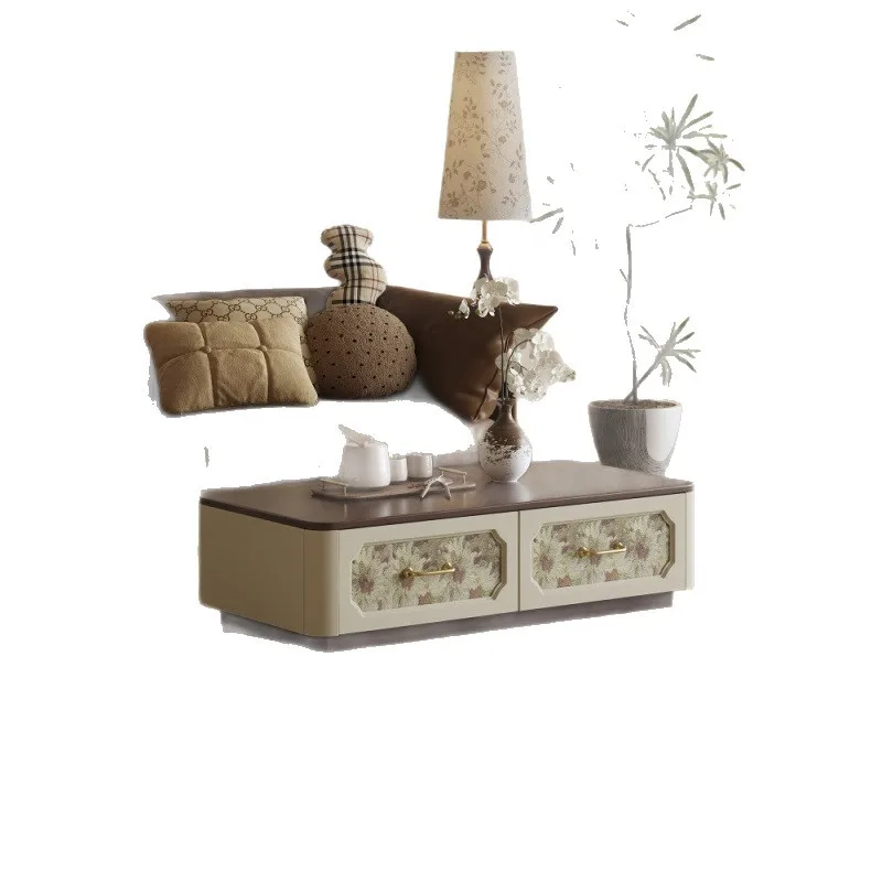 

Medieval printing double door coffee table solid wood art style living room tea table storage cabinet