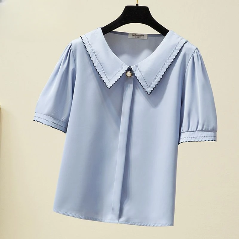 Fashion Women Clothing Summer Blouses and Shirts Female Beading Elelgant Sweet Top Ladies Elelgant White Short Sleeve Tops Q908