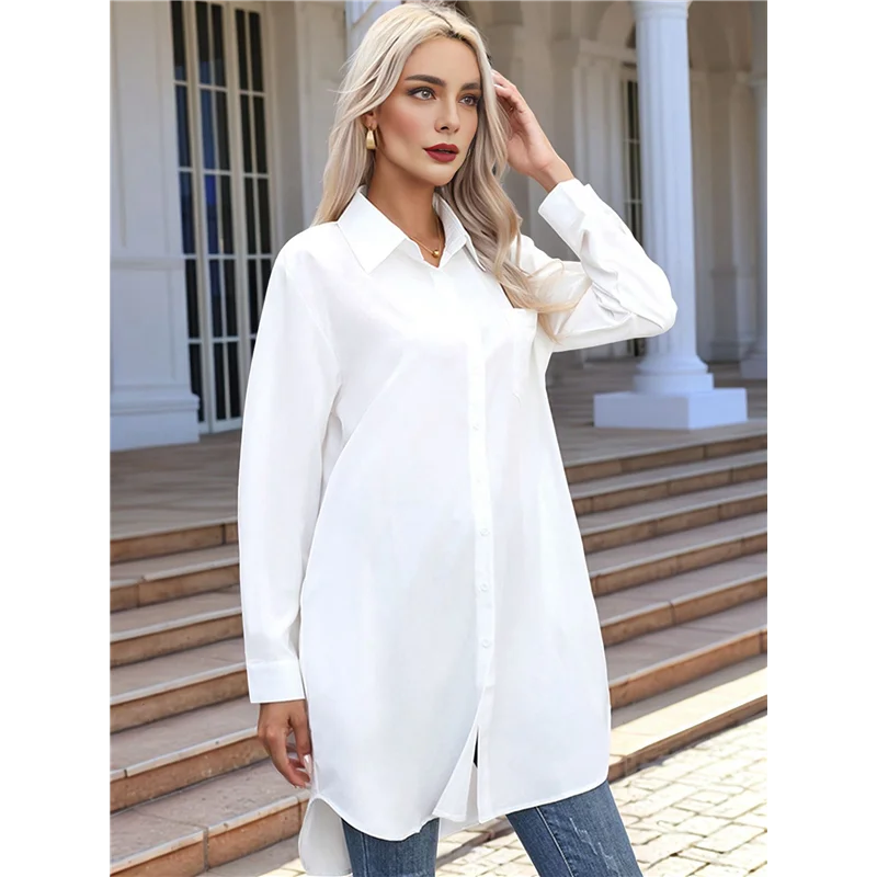 ABP-Mini abiti a camicia casual da donna con colletto a V e bottoni larghi a maniche lunghe