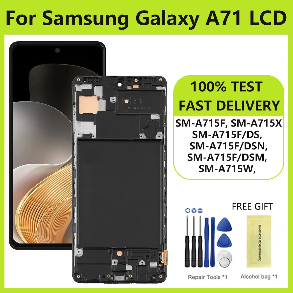 Display Screen for Samsung Galaxy A71 A715 A715F LCD Display Digital Touch Screen with Frame for Samsung A71 Screen Replacement