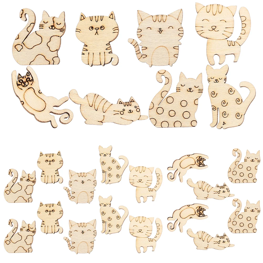 50 Pcs Graffiti Chips DIY Cat Wood Painting Slices Unfinished Cutouts Cartoon Wooden