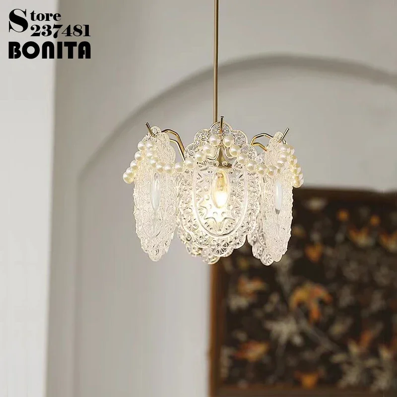 Crystal Petal French Retro Aisle Bedside Bar Entrance  Pearl String Milky Shell Pendant Light Feather Glass Pendant lamp Light L