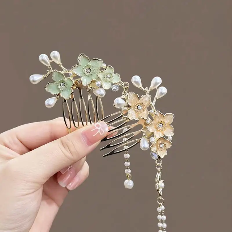 Chinesischer Quasten-Haarkamm, florale Perlen-Quasten-Haarnadel, Vintage-Hanfu-Haarnadel, Retro-Haaraccessoire für Damen, Party, Cosplay, Dekoration – Detail 5