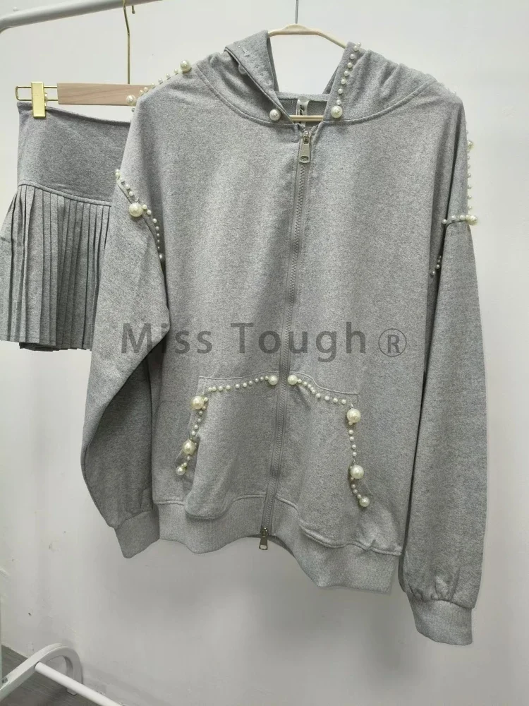 Autumn Korean Fashion Loose Overcoat Women Design Casual Long Zipper Sleeve Hoodie Female Retro Chic Pearl Beading Grey Coat New