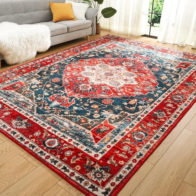 

Soft Area Rug 5x7, Washable Living Bedroom Rug Low-Pile Vintage Rugs, Non-Slip Non-Shed Floral Print Accent Floor Carpet