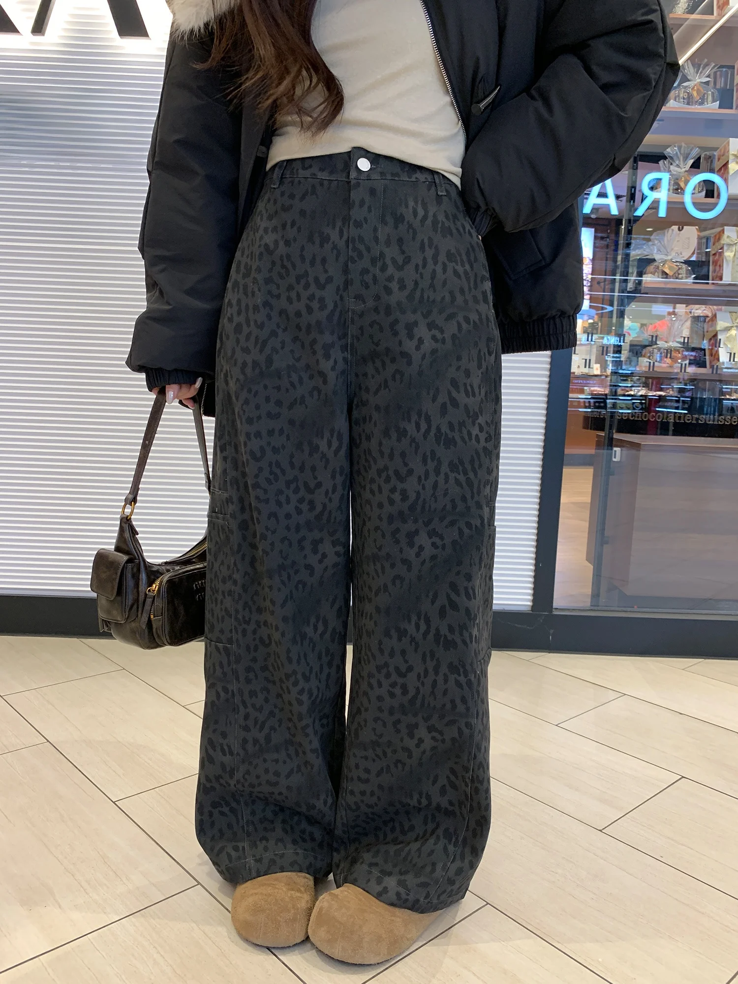 

NAZ Large Size Winter Cotton Denim Straight Leg Pants Vintage Print Anti-Aging Leopard Pattern Women's Loose Fit High Waist