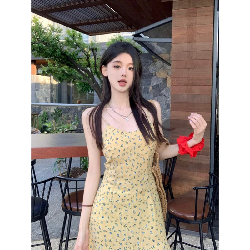 

Casual Floral Camis Dress Slim Slash Neck Sleeveless Ruffles Mini Dresses Women 2024 New Summer Fashion Streetwear Lady Chic