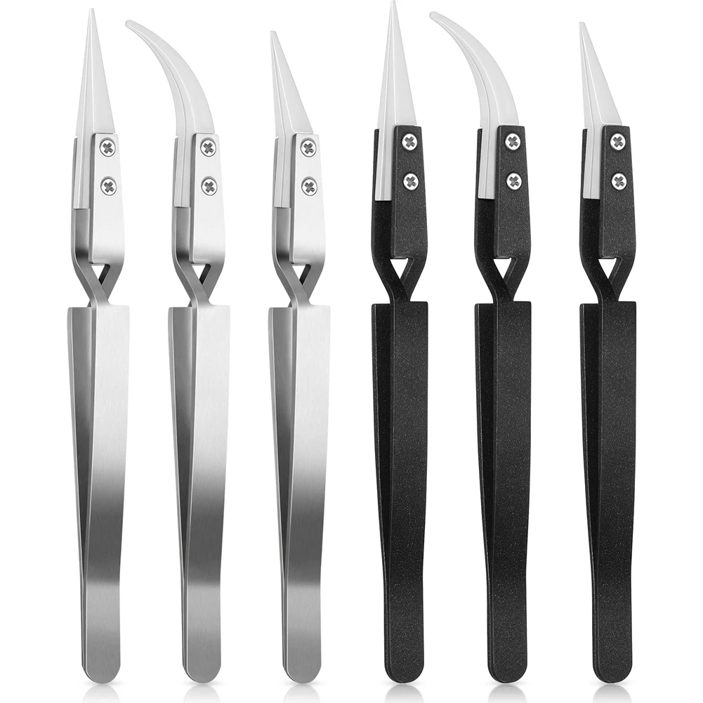 A93E-6Pcs Precision Reverse Tweezers Pointed Curved Tips Tweezer Set Non Conductive, Anti Magnetic Soldering Tweezers