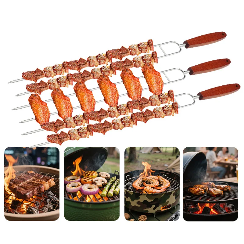 6PCS U-Shaped Stainless Steel Barbecue Skewer BBQ Stick Cooking Tool Wooden Handle Roast BBQ Skewer Cooking Tool