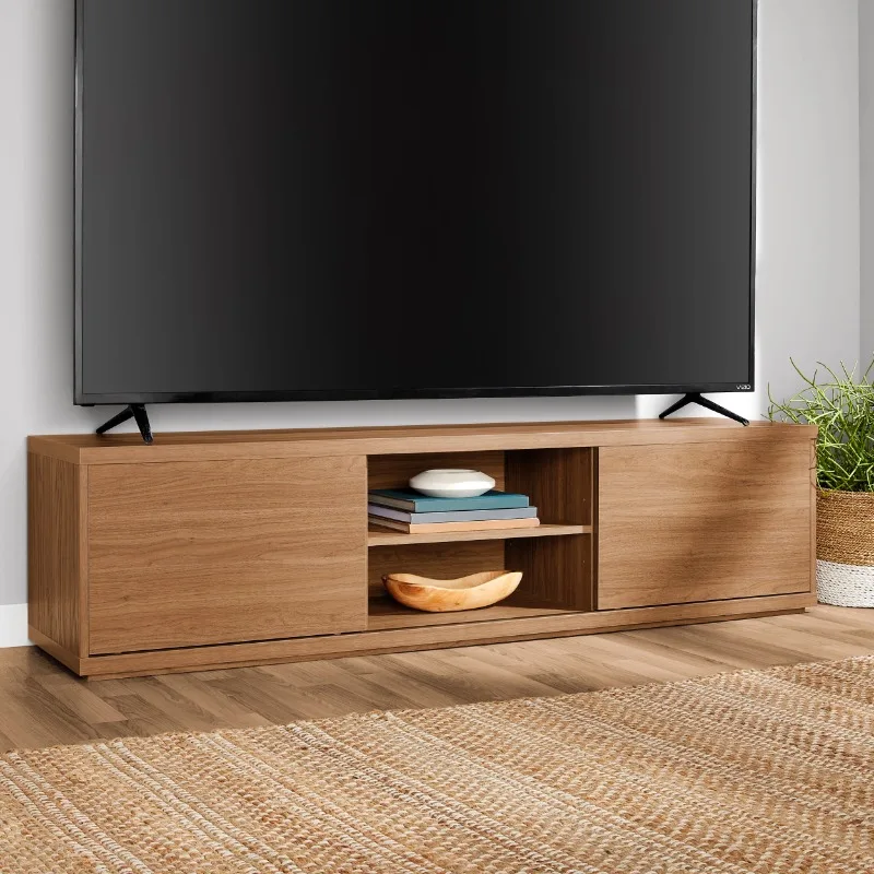 Sliding Door TV Stand for TVs up to 75”, Warm Walnut Finish,Three adjustable shelves for versatile storage options