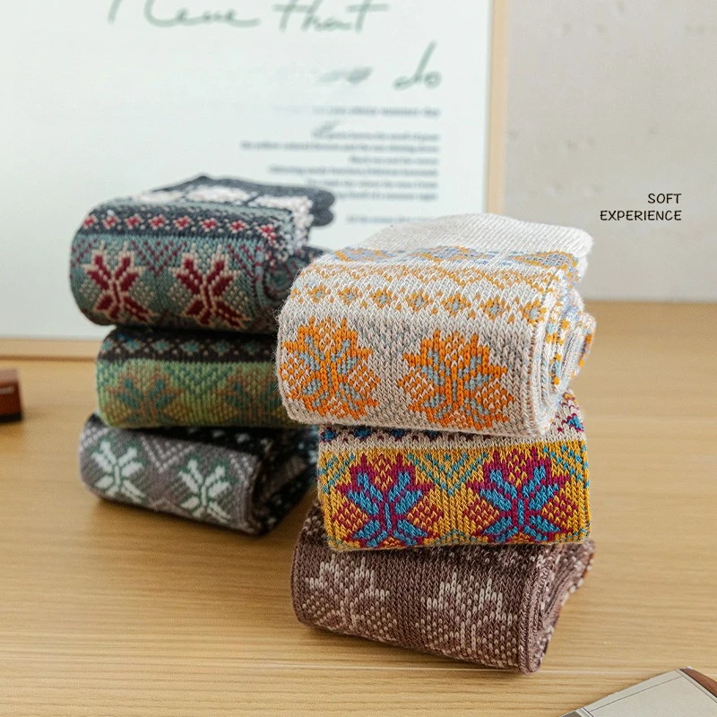 5 Pairs Men Socks Cotton Autumn and Winter Thicken Warm Retro Ethnic Style Double-needle Medium Tube Socks