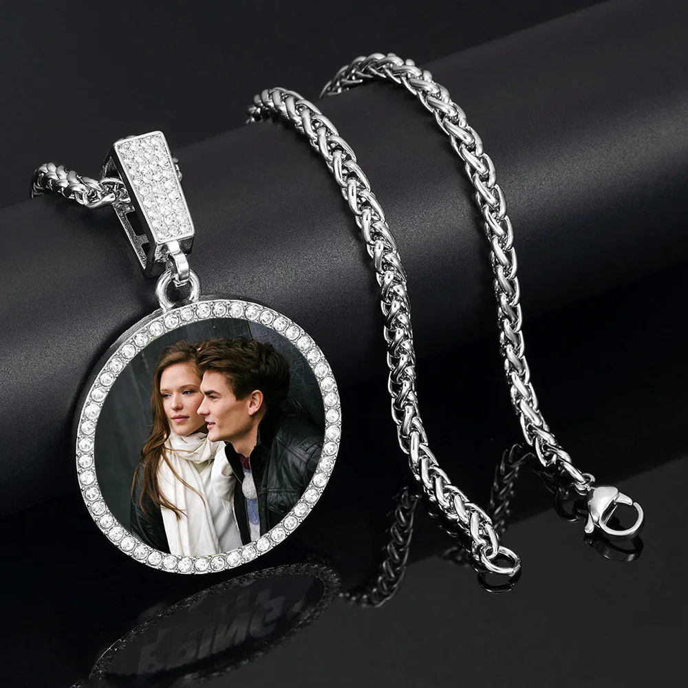 

Personalized Custom Photo Medallion Necklace - Hip Hop Iced Out Bling Round Picture Pendant with Chain - Memorial Jewelry Gift