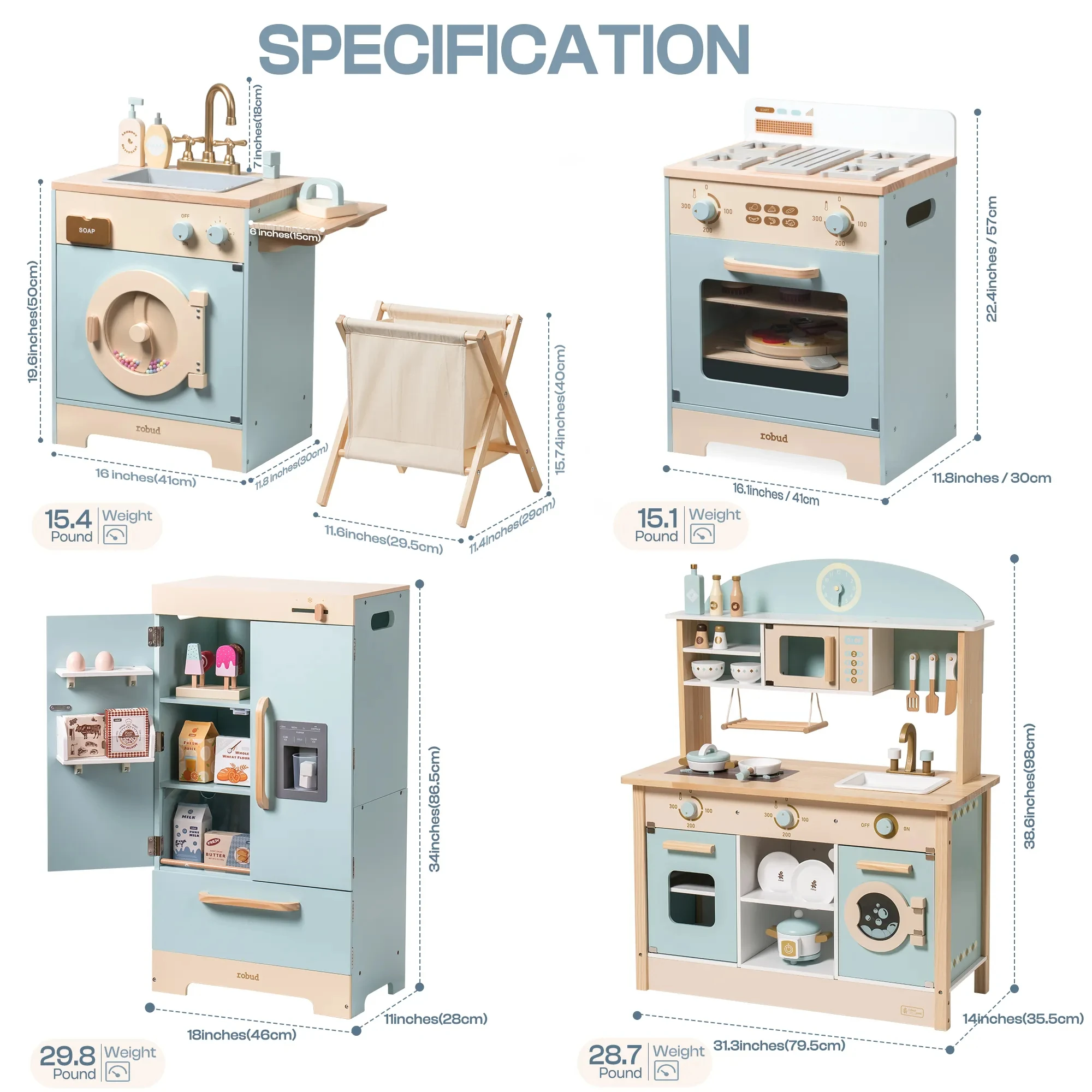 Robud Kids Wooden Play Kitchen All in One Corner Set Includes Oven Refrigerator Washer Perfect Birthday Gift for Little Chefs