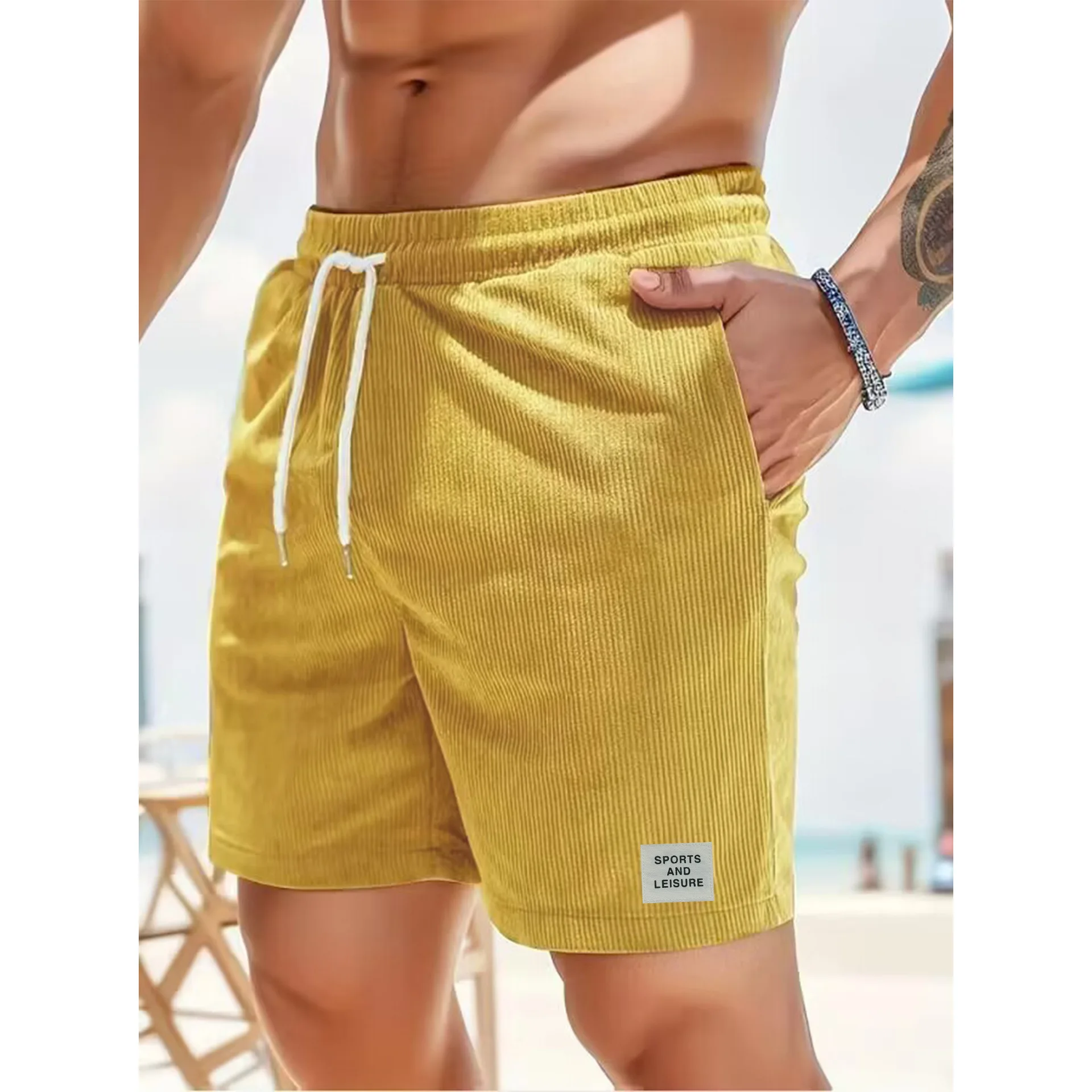 Summer New Solid Color Lace-up Sweatpants Corduroy Simple Five-quarter Shorts Men\'s Shorts Sports Casual Pants Skin Friendly