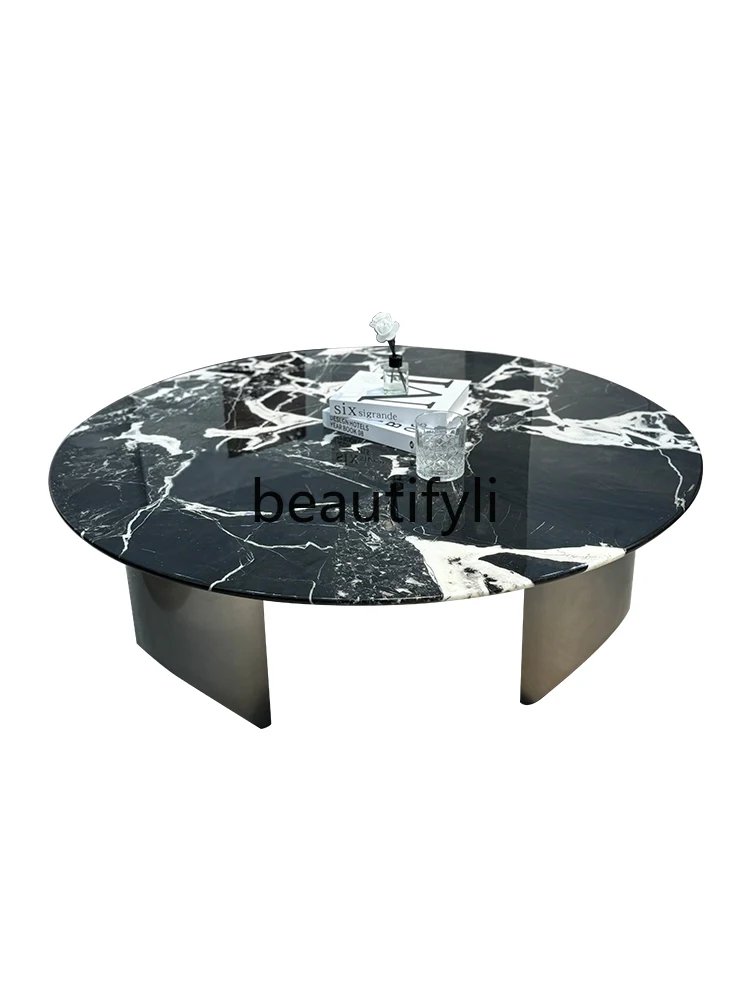 Italian light luxury natural luxury stone Bulgari black round coffee table minimalist marble stainless steel coffee table