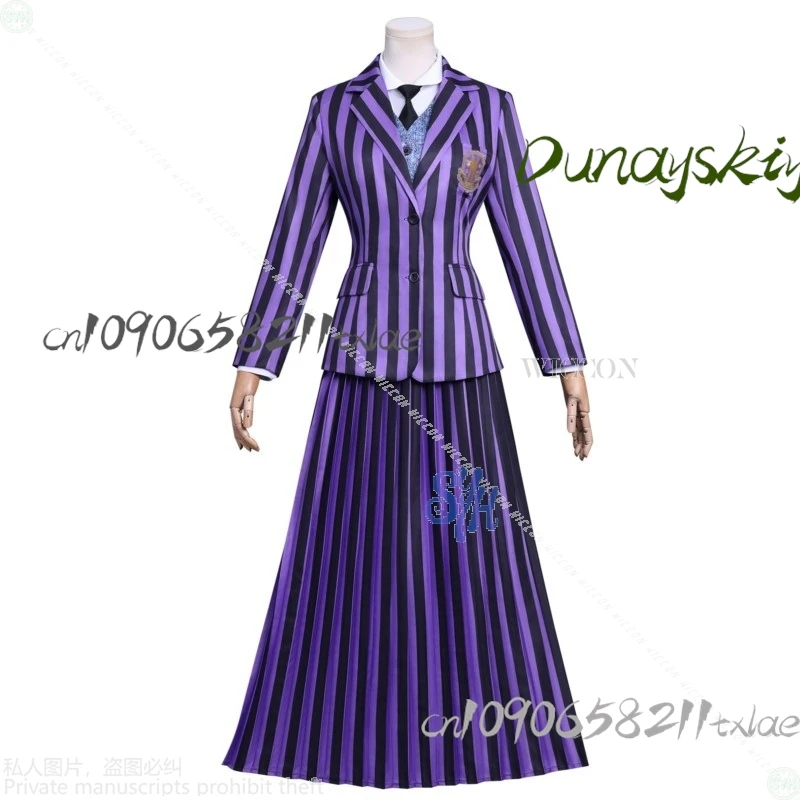 Agnes Cosplay nunca Anime película más disfraz uniforme escolar gótico negro púrpura rayas abrigo vestido Lolita Halloween Navidad Cos