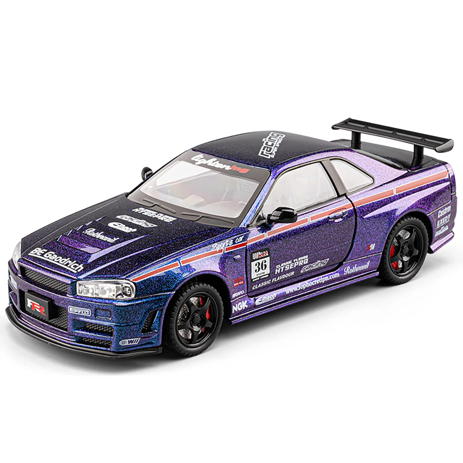 Nuevo coche de carreras GTR R34 Skylin 1:24, modelo de coche de aleación con sonido y luz, juguete coleccionable para niños, regalo de cumpleaños