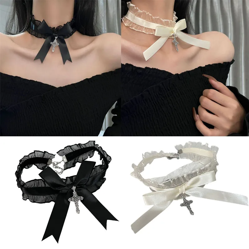 Women Teens Girls Ruffle Lace Choker Necklace with Crosses Pendant Gothic Collar Ribbon Bowknot Neckwear for Adults Gifts