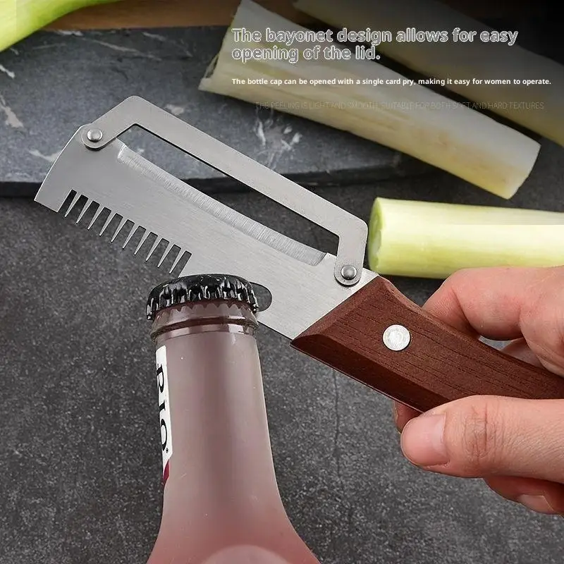 Multifunctional Stainless Steel Peeler With Wooden Handle,3-in-1 Scallion Shredder Fruit Peeler Bottle Opener For Kitchen
