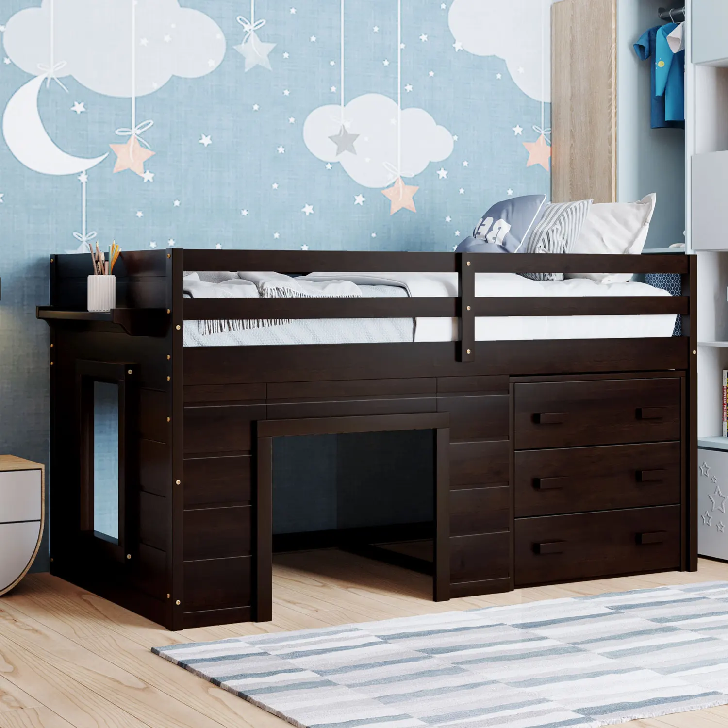 

Twin Size Loft Bed with Cabinet and Shelf - Espresso (OLD SKU LP000501AAP)