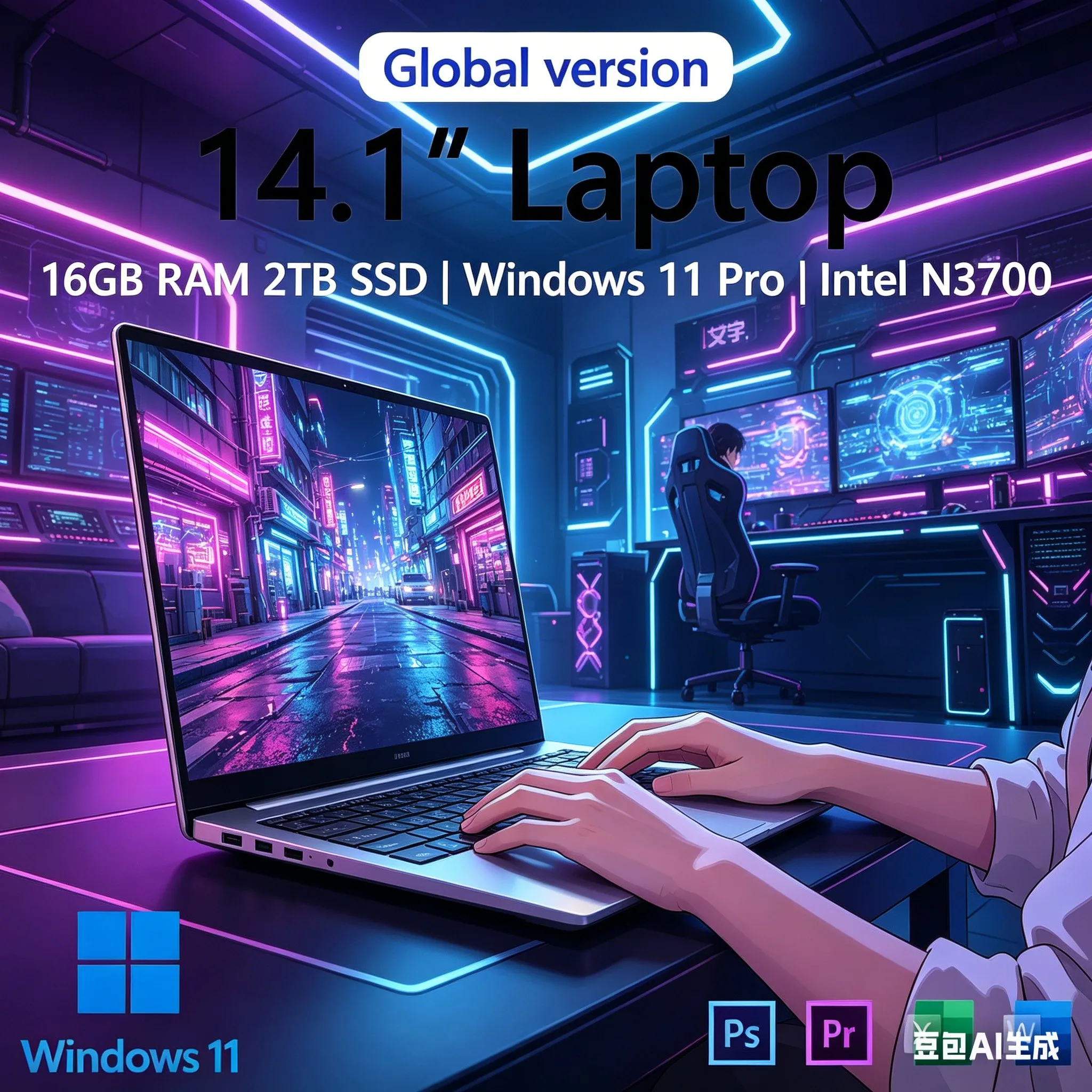 

Premium Ultra Slim Laptop 14.1" 16GB RAM 2TB SSD Intel 4405U Gaming PC 1920*1080 Display Office Study Computer PC Windows 11