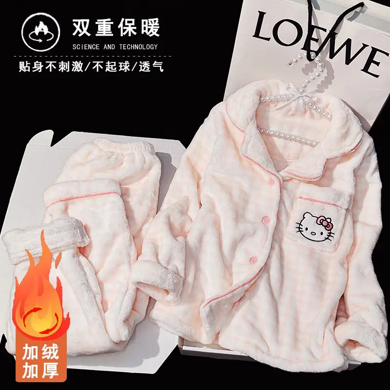 

Sanrio Kuromi Hello Kitty, зимний пижамный комплект, утепленная фланелевая флисовая теплая одежда с героями мультфильмов для девочек, домашняя одежда для больших детей, одежда для сна