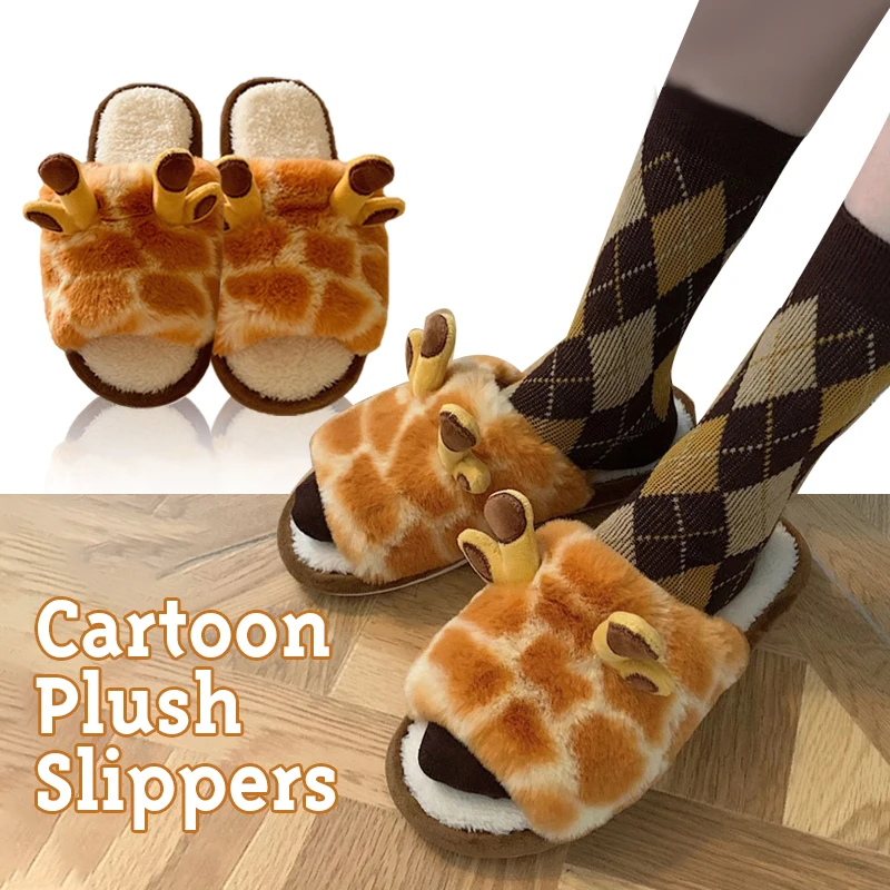 

Cute Plush 3D Giraffe Shaped Slippers For Kids & Adults Shoes Women Winter Warm Closed Fluffy Fur Home Slippers Gift