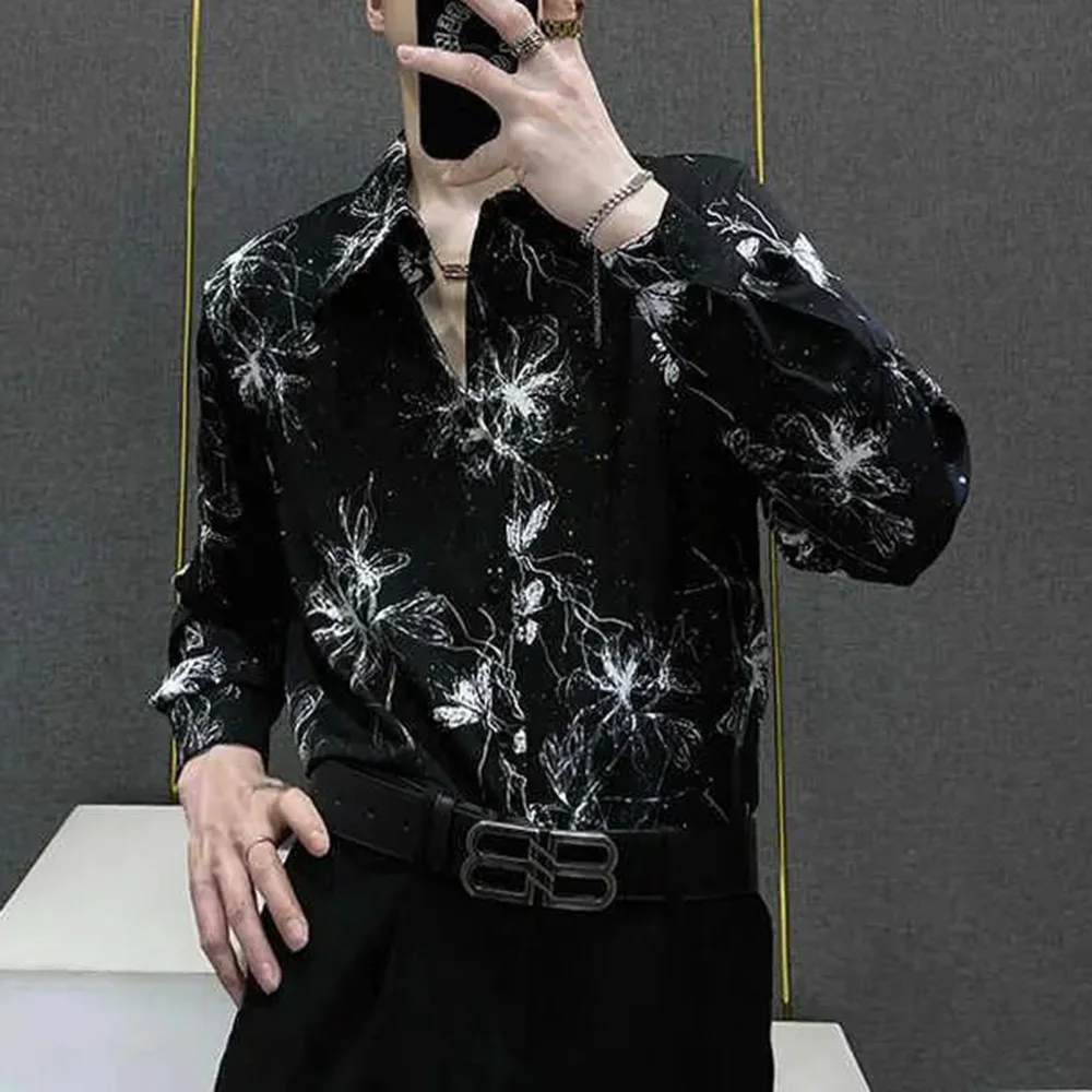 Mens Shirt Printed Butterfly Shirt Autumn Casual Niche Personality Temperament Nightclub Performance Clothes Top Men'S Clothing