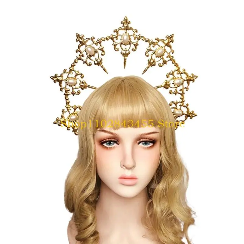 49MC Womens Mary Halos Crowns Headband Spiked Gold Moon Headpiece