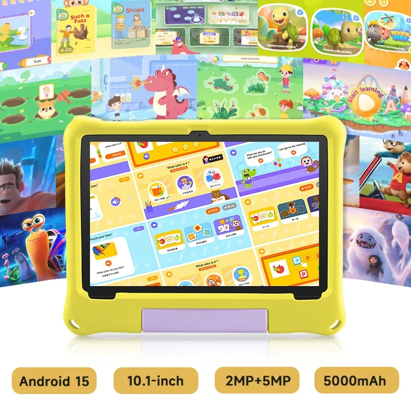 Tablet infantil, tablets Android 15 de 2025, tablet de 10,1" para crianças, 4 GB + 4 GB + 64 GB de até 1 TB, octa-core 1,8 GHz, 5000 mAh, controle parental