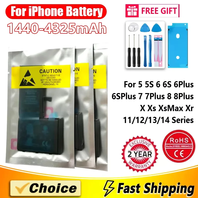 Original phone battery, suitable for iPhone XR XS 11 12 13 Pro Max Mini 5 5S SE 6 6S 7 8 14 Plus phone battery replacement+tools