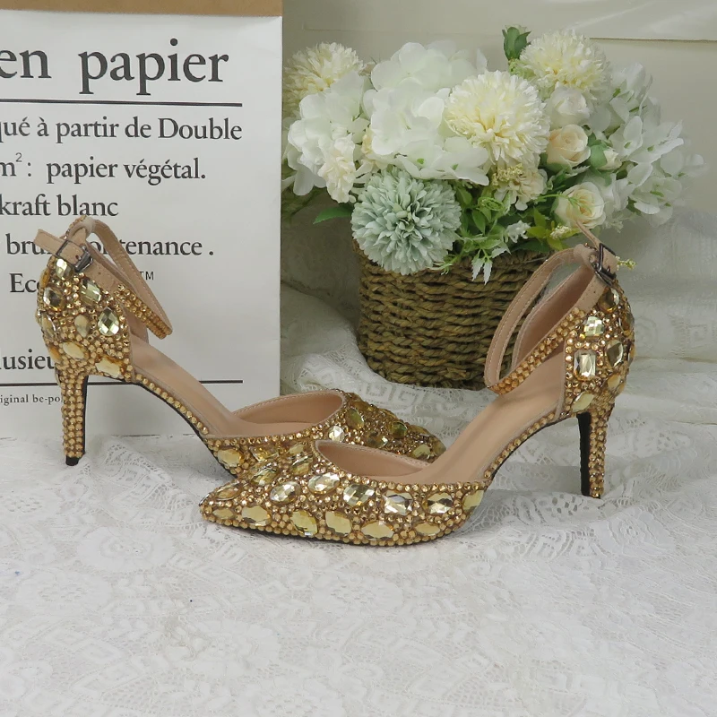 2021 new champagne colored rhinestone bridal dress shoes with bag rhinestone high heels ankle strap women's party dress shoes