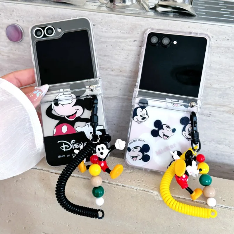 Funda con tapa creativa de Mickey Mouse, diseño de dibujos animados con cordón de cuentas de resorte para Samsung Z Flip 3/4/5/6/7 FE, funda anticaída para teléfono