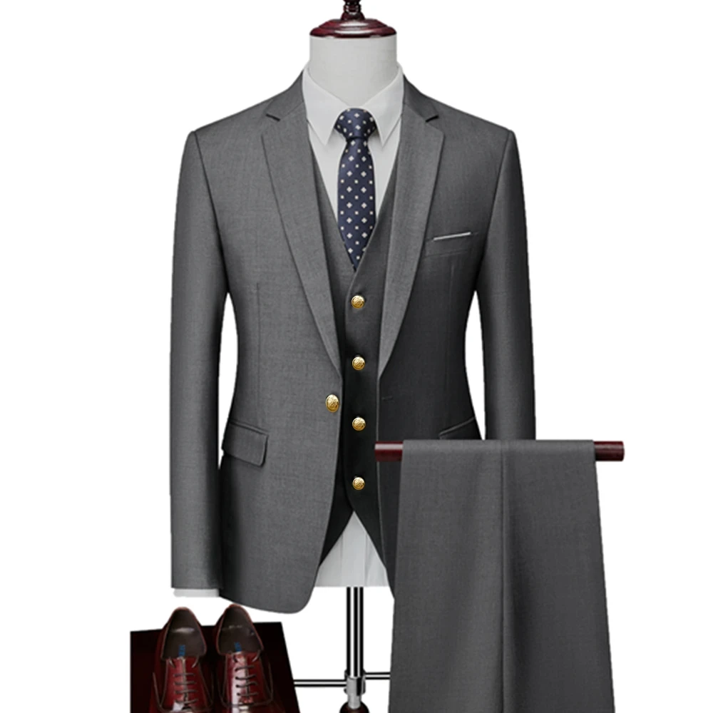 

KX147 Men's Business Double Breasted Solid Color Suit Coat / Male Slim Wedding 2 Pieces Blazers Jacket Pants Trouser