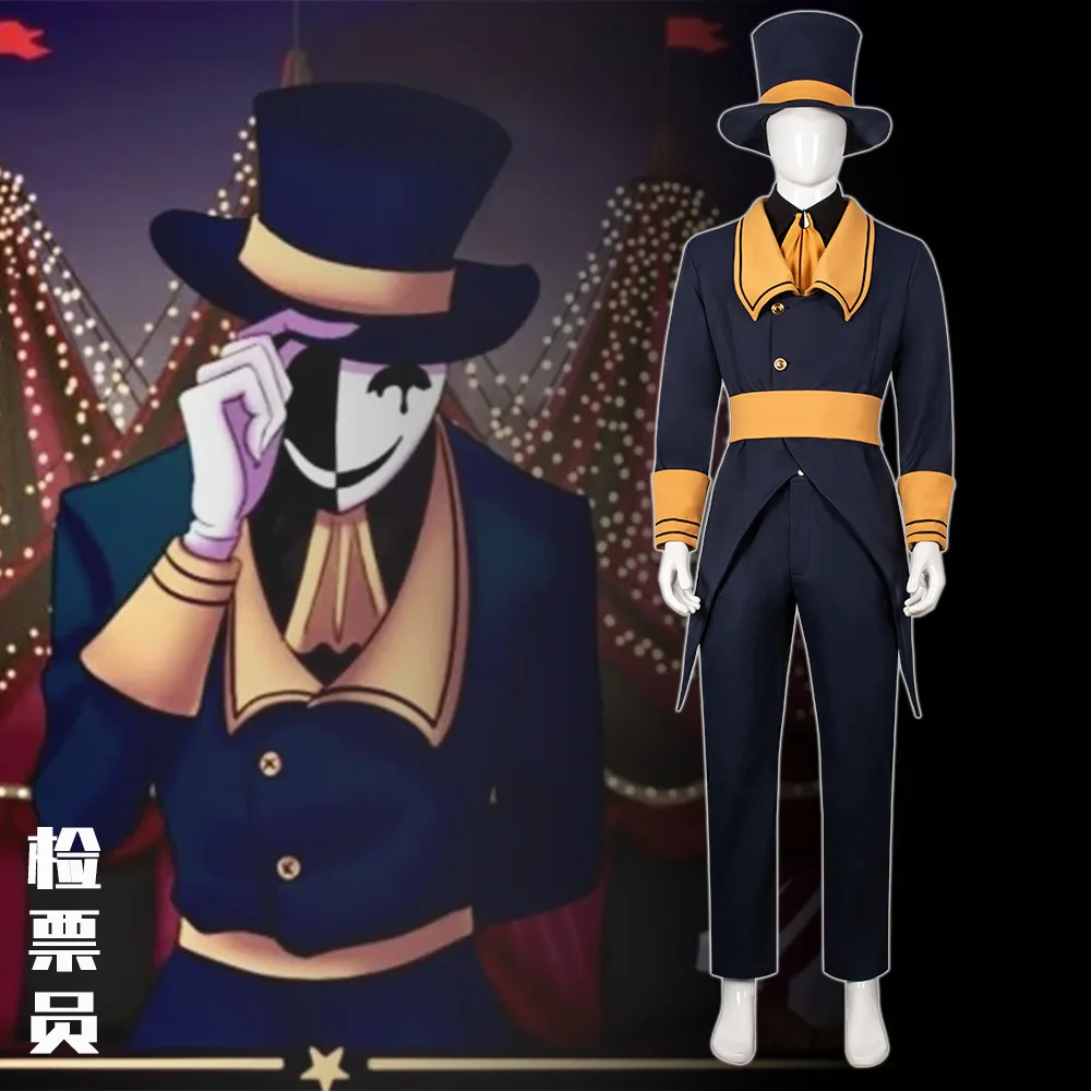

Circus Ticket Taker Cosplay Costume Full Set Circus Men Outfit With Split Mask Top Hat New Halloween Horror Party Costume Full