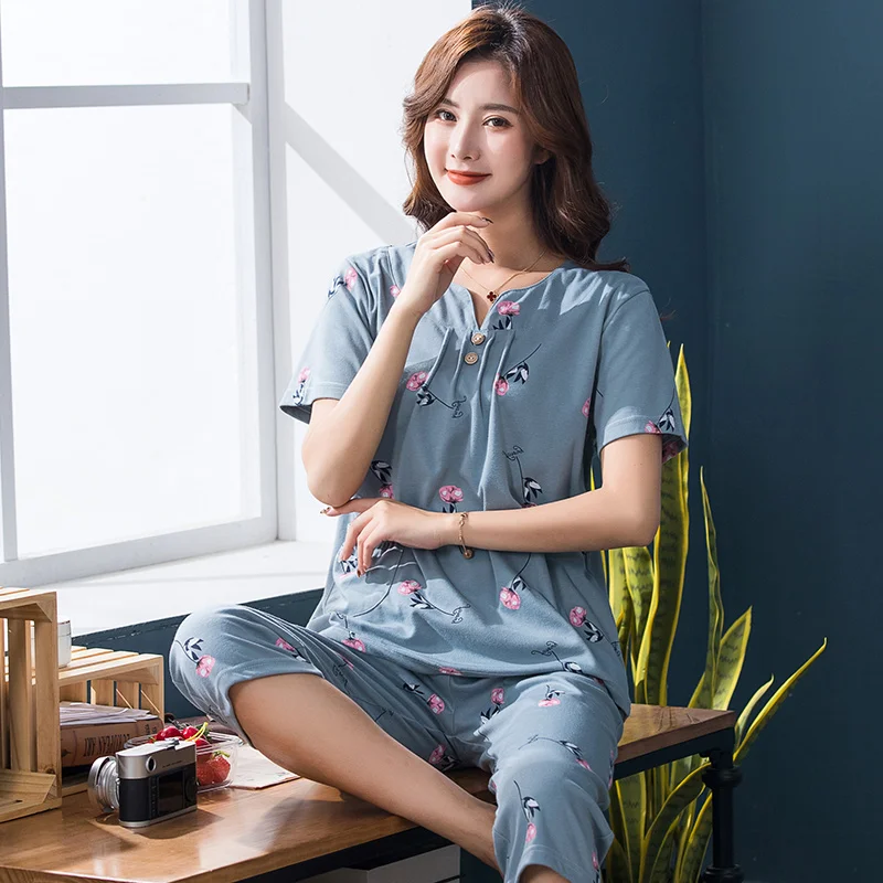 Big Yards XXXXL 2024 summer sleepwear women pajamas sets v-neck floral short sleeve pajama suit cotton women homewear suit soft