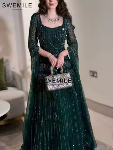 Saudi A-Line Beading Prom Dress Square Collar Long Sleeves Evening Dress Wedding Party Dresses vestidos de noche فساتين سهرة