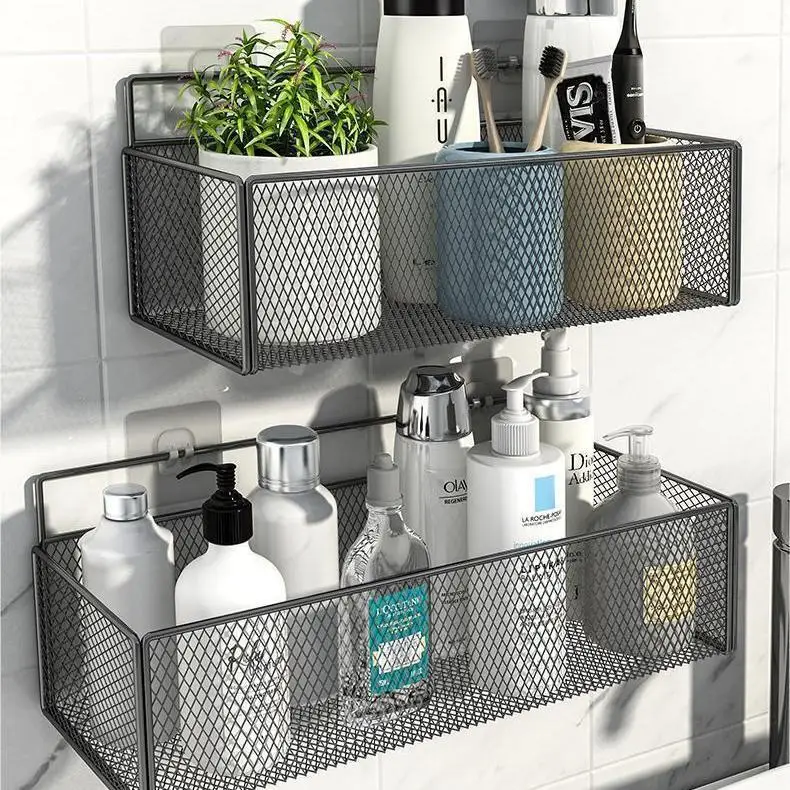 

No Punching Bathroom Wall Hanging Rack Kitchen Large Capacity Storage Rack Shelf Detachable Hook Mesh Hole Hanging Basket