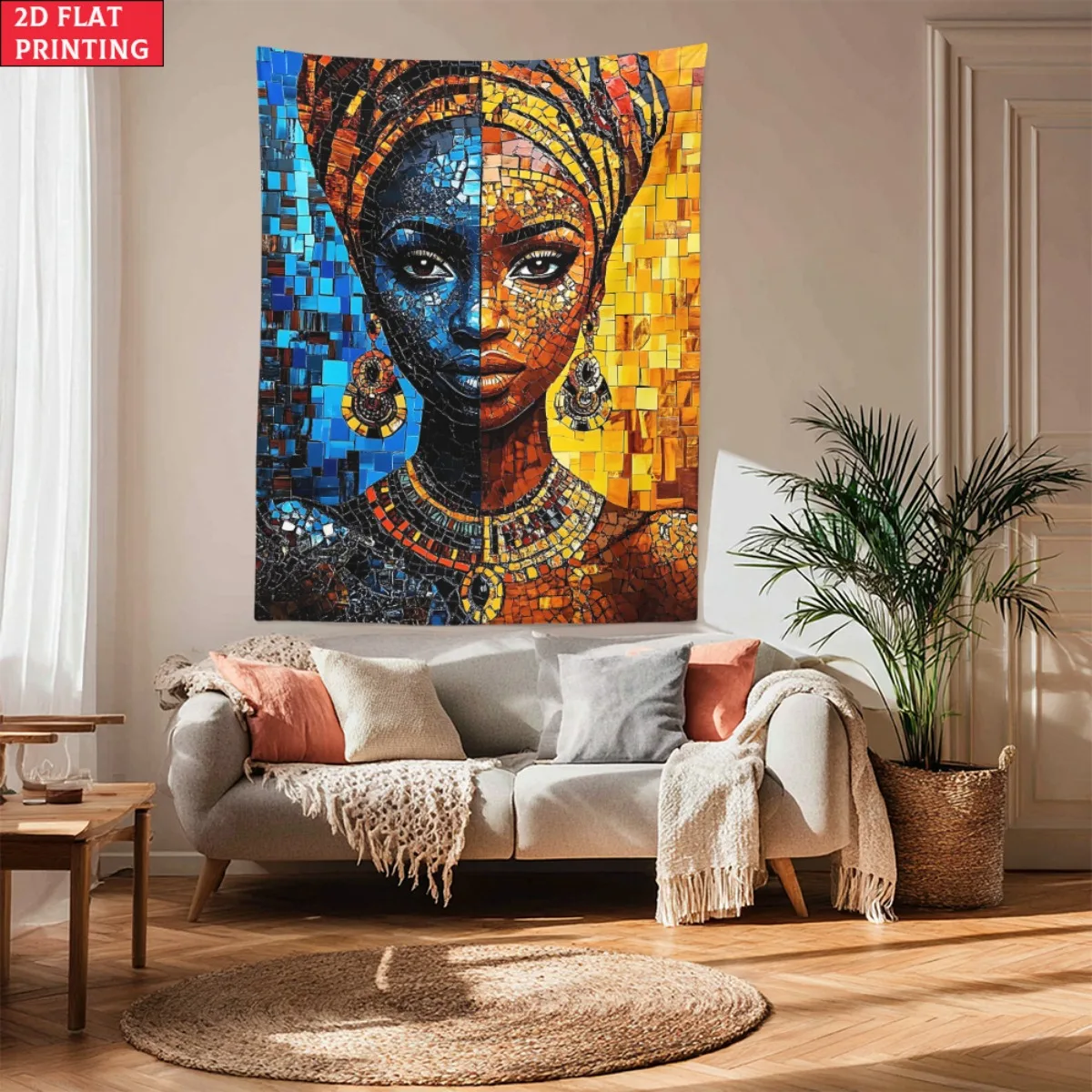 

Африканская женщина, мозаика, портрет, гобелен, красочный этнический дизайн, декор для гостиной, ромбовидной комнаты, культурное искусство, принт, 2Dflatprinting
