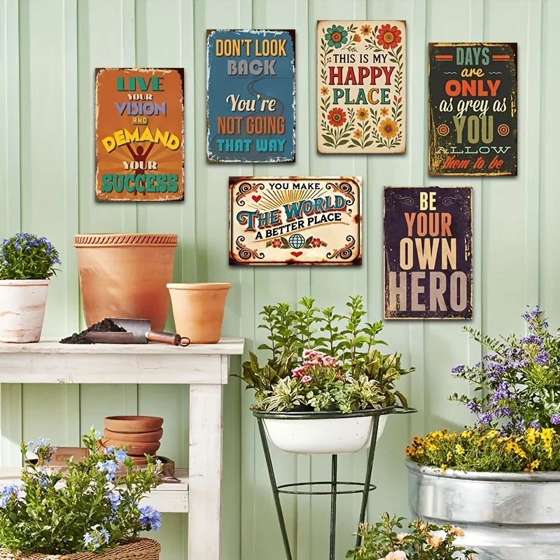 6pcs Set Vintage Fun Metal Signs, Nostalgic Theme and Happy Hour Slogans, Fun and Casual Gifts, Suitable for Classrooms, Apartme